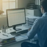 Imagem representando um contador, sentado em sua mesa analisando dados fiscais
