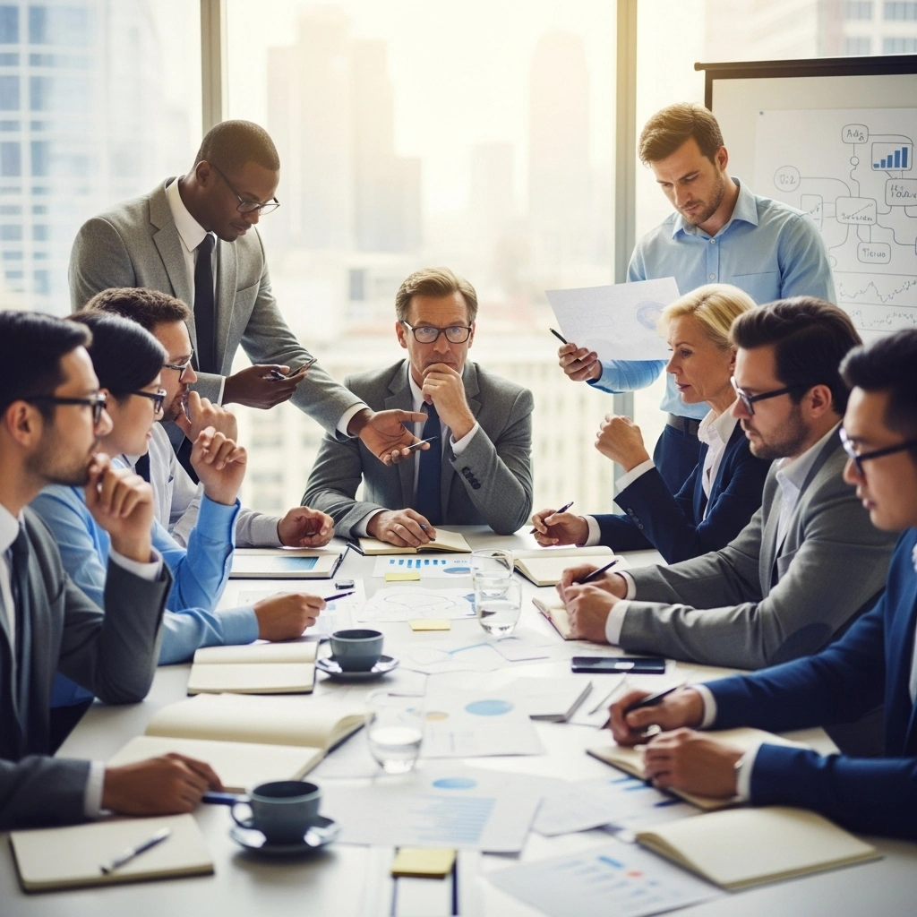 imagem representando uma mesa de executivos buscando formas de lidar com Clientes Inadimplentes