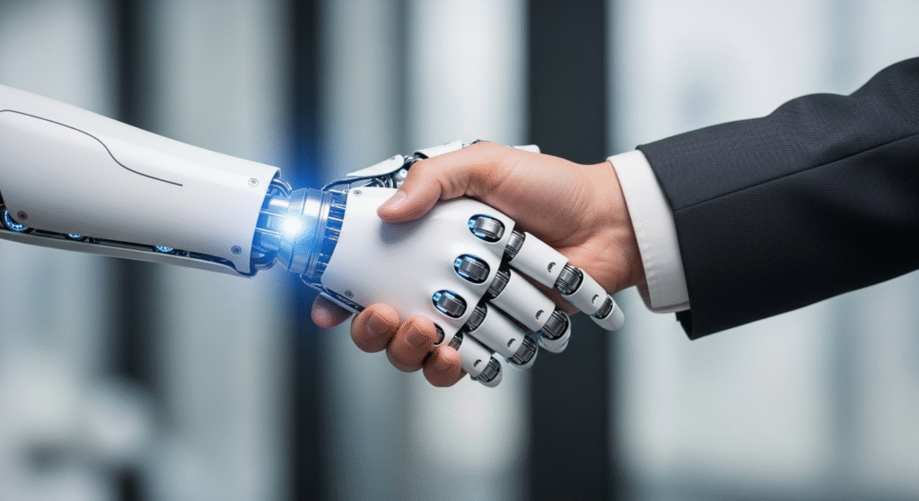 imagem de um robo apertando a mão de um executivo, representando a IA na gestão empresarial.