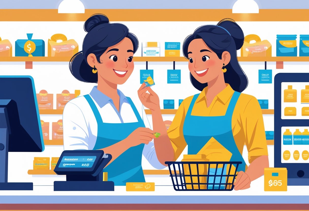 Funcionário de loja sorridente sugerindo um produto adicional para um cliente no balcão de pagamento, com prateleiras e produtos ao fundo, usando técnicas de cross-sell e up-sell.