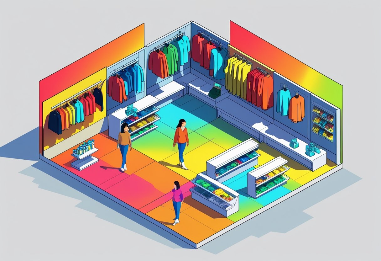 Ilustração de uma loja com áreas coloridas indicando zonas de maior e menor movimento, mostrando roupas e produtos em prateleiras.