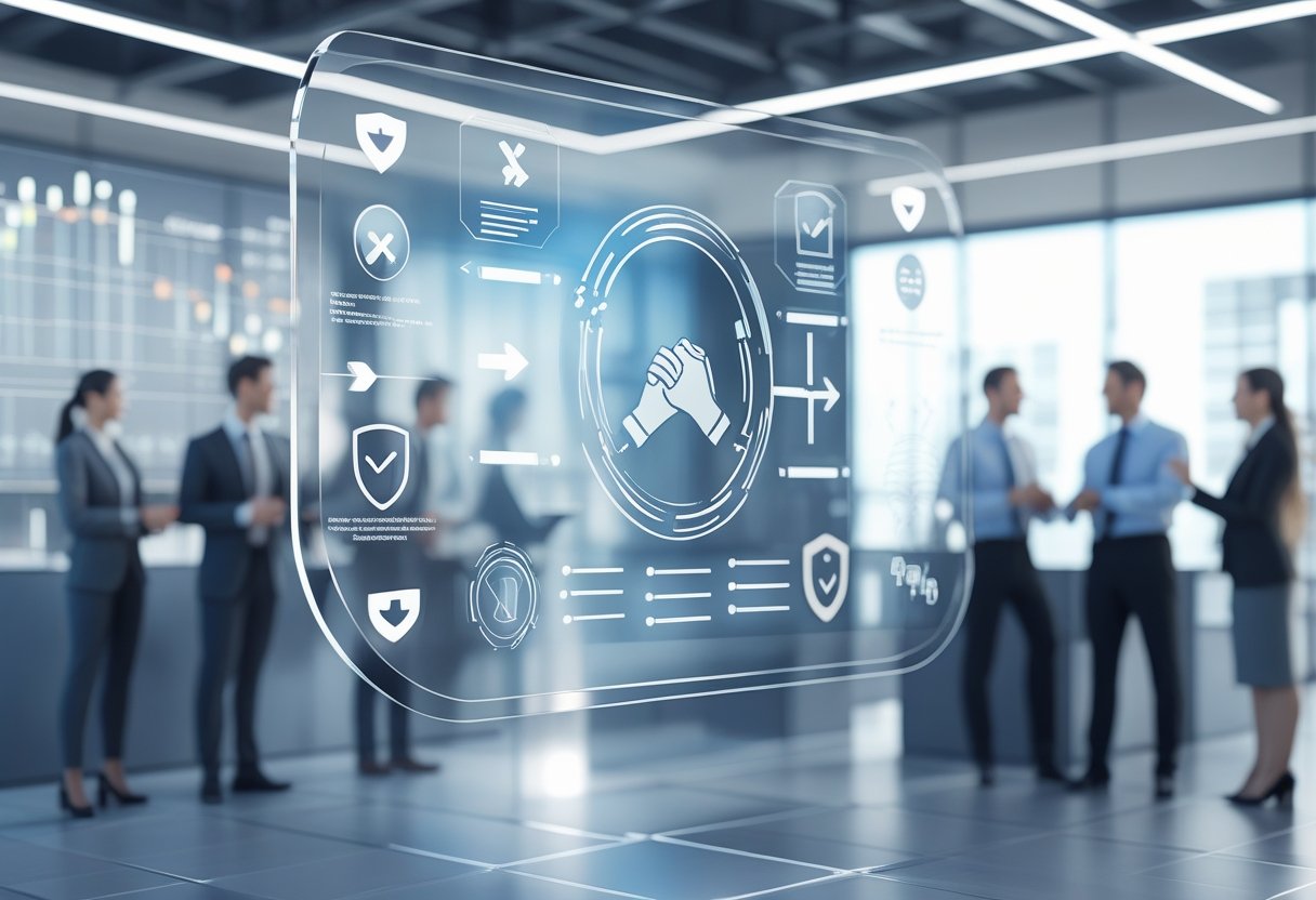 Ambiente de escritório moderno com profissionais discutindo políticas de troca e fidelização, com interface digital flutuante mostrando ícones de confiança e troca.