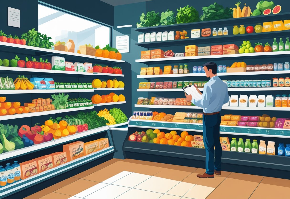 Interior de um mercadinho organizado com um mix de produtos que varia de frutas, vegetais, produtos embalados e bebidas, com um gerente analisando os produtos.