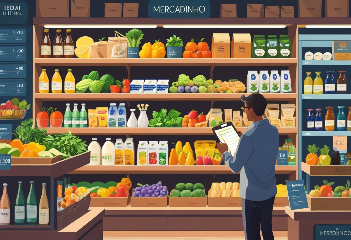 Interior de um mercadinho com prateleiras organizadas e variadas, e um dono arrumando produtos enquanto segura um tablet.