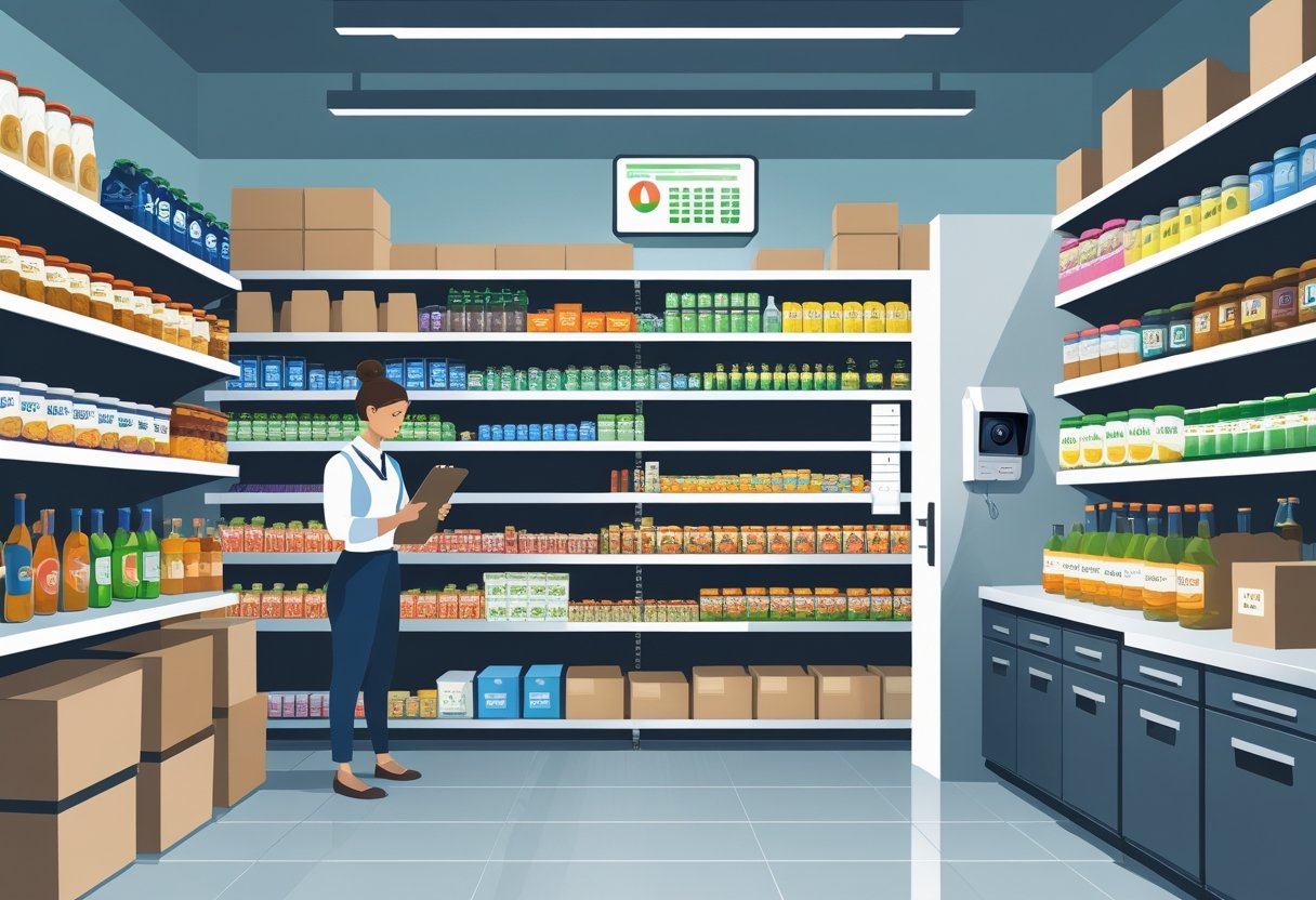 Ilustração representando um Funcionário agindo no monitoramento de estoque organizado em mercadinho com câmeras de segurança e armário trancado.
