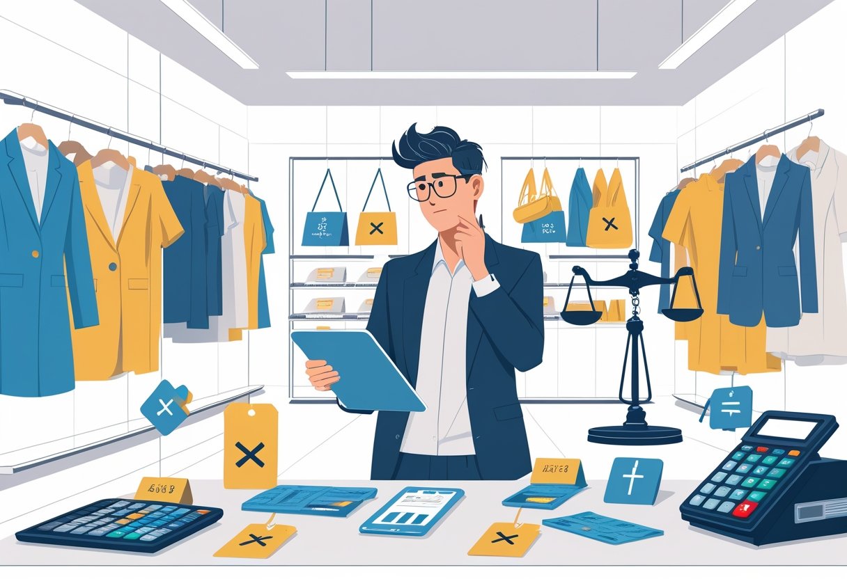 Dono de loja de moda analisando preços em tablet dentro de uma loja com roupas e acessórios, mostrando preocupação com erros de precificação.