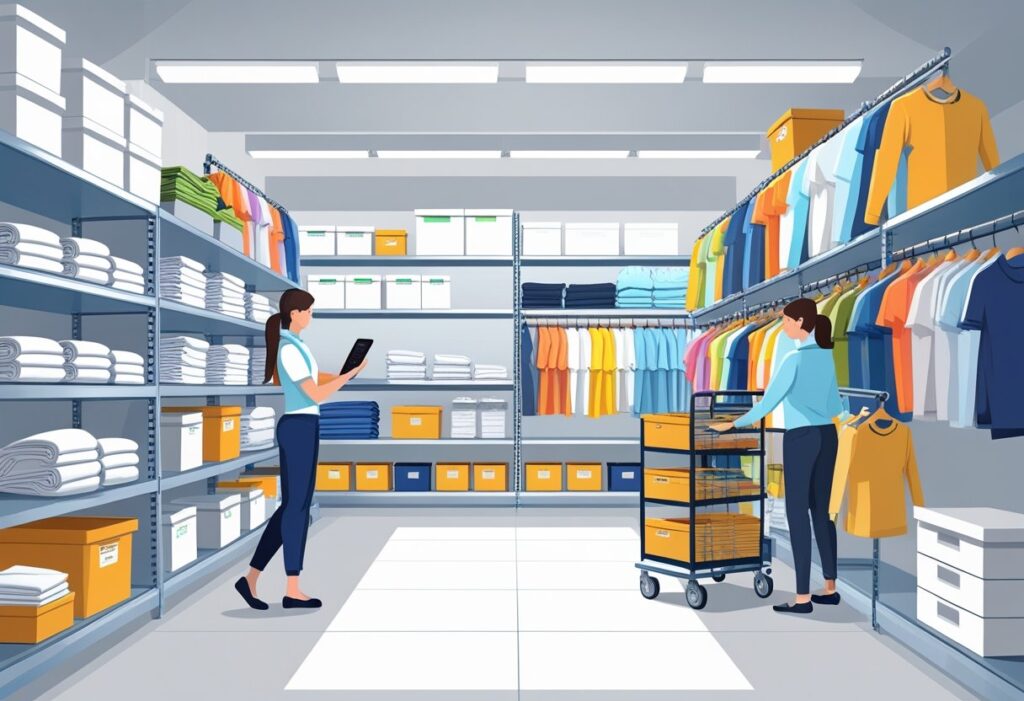 Ilustração representando duas funcionárias analisando a acurácia de estoque em meio a uma auditoria cega.