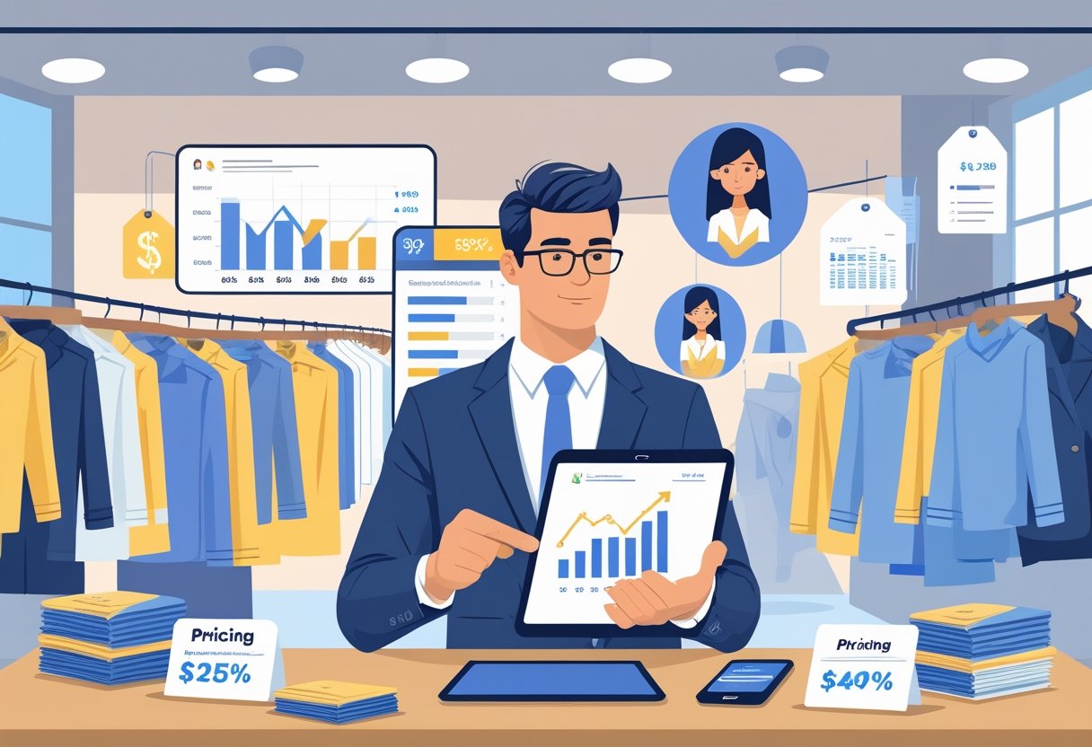 Dono de loja de roupas analisando dados de preços e vendas dentro de uma loja com diversas roupas expostas.