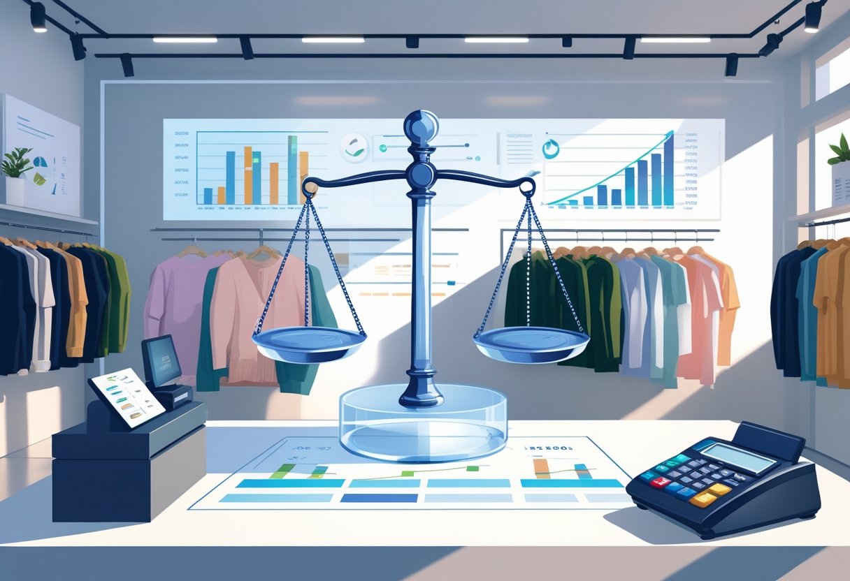 Interior de uma loja de roupas com roupas organizadas e um infográfico transparente mostrando uma balança equilibrada entre dinheiro e roupas, com gráficos financeiros ao fundo, representando a ideia do ponto de equilíbrio em lojas de roupas.