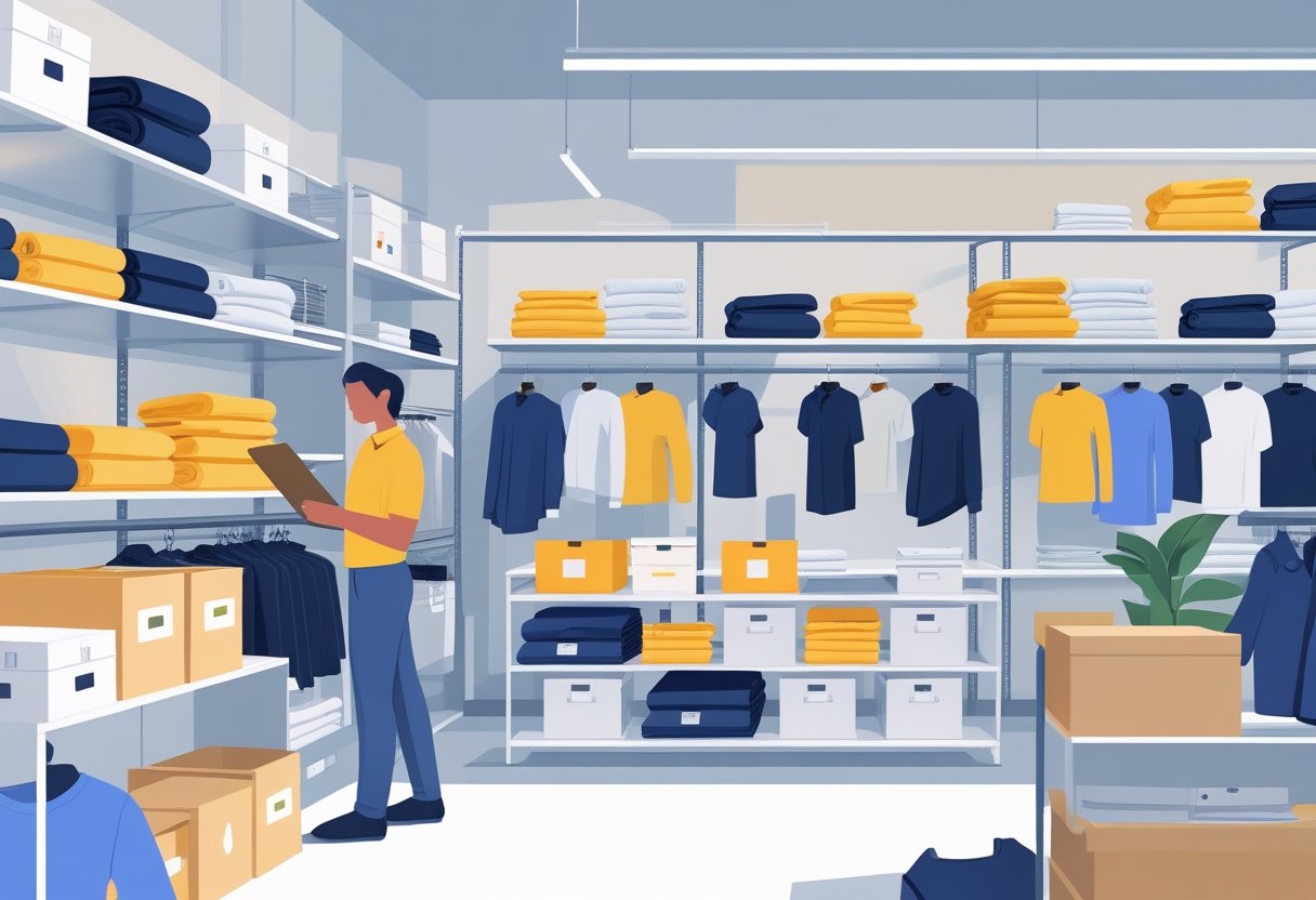 Área de estoque de loja de roupas organizada com roupas em prateleiras e araras, e uma pessoa avaliando o inventário com uma prancheta, aplicando métodos para não perder vendas.