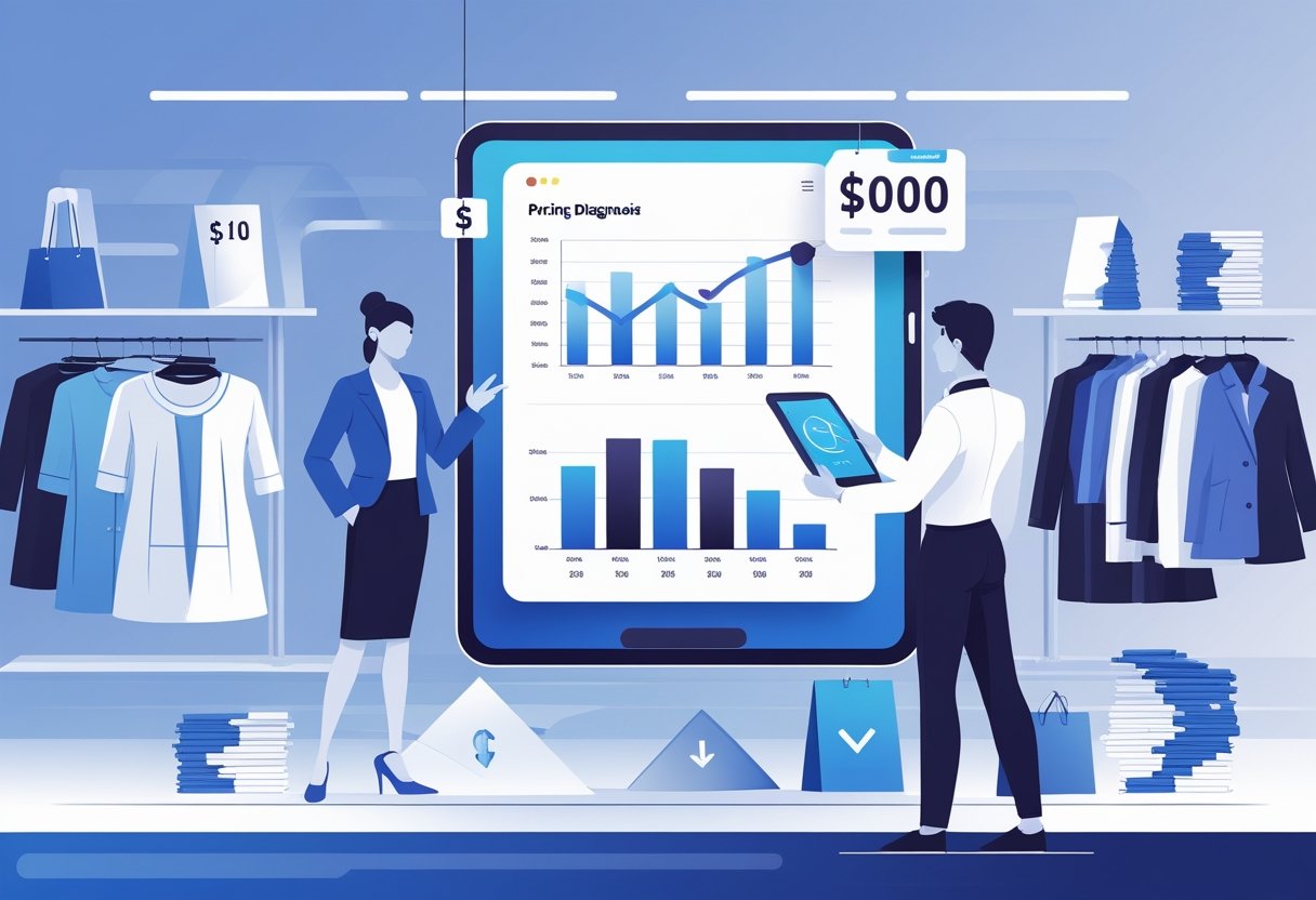 Pessoa analisando gráficos de preços em uma loja de roupas com manequins e roupas expostas ao fundo.