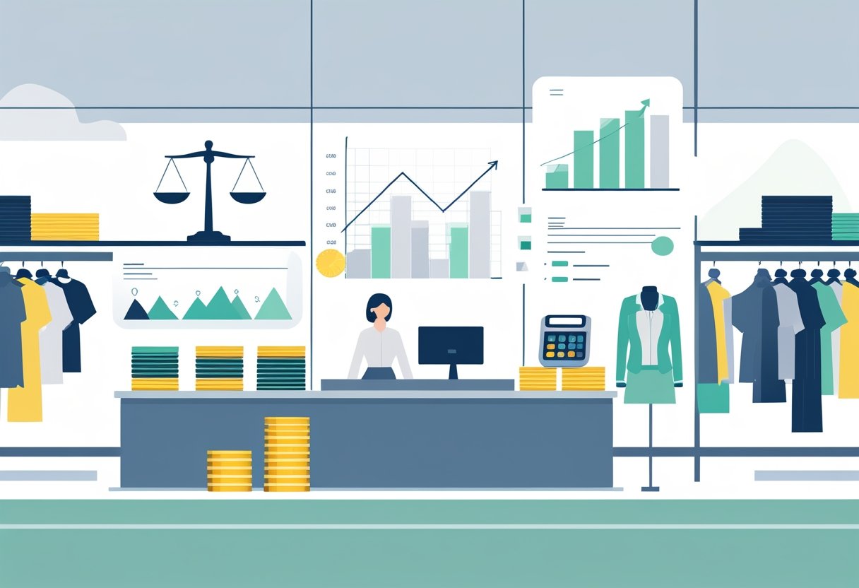 Ilustração de uma loja de roupas com manequins, prateleiras e um caixa, acompanhada de elementos gráficos que representam cálculos financeiros e equilíbrio.