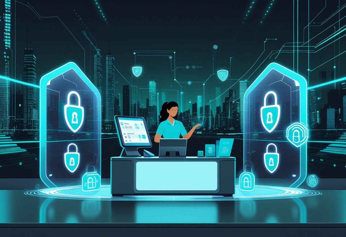 Ilustração representando um ambiente de ponto de venda (PDV) de uma loja de varejo futurista com sistema de caixa protegido por ícones digitais de segurança, mostrando um funcionário interagindo com o equipamento.