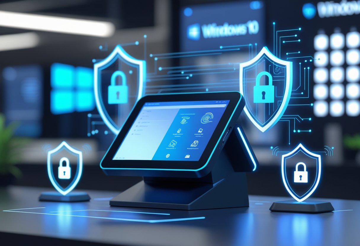 Imagem 3d representando uma tela de PDV, com diversos ícones de cadeados e escudos, representando o tema de Cybersecurity.