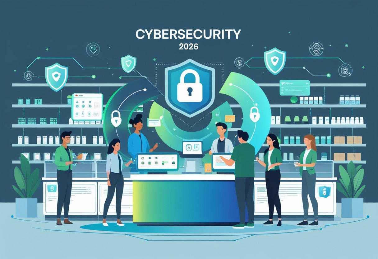 Ilustração representando um ambiente de varejo moderno com um caixa digital protegido por escudos digitais e cadeados, mostrando segurança cibernética em ação, com a as palavras "Cybersecurity 2026" no topo.
