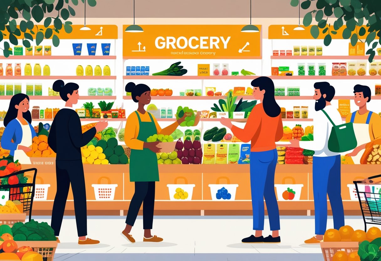 Loja de mercadinho movimentada com clientes comprando frutas, legumes e produtos variados, mostrando um ambiente organizado e acolhedor.