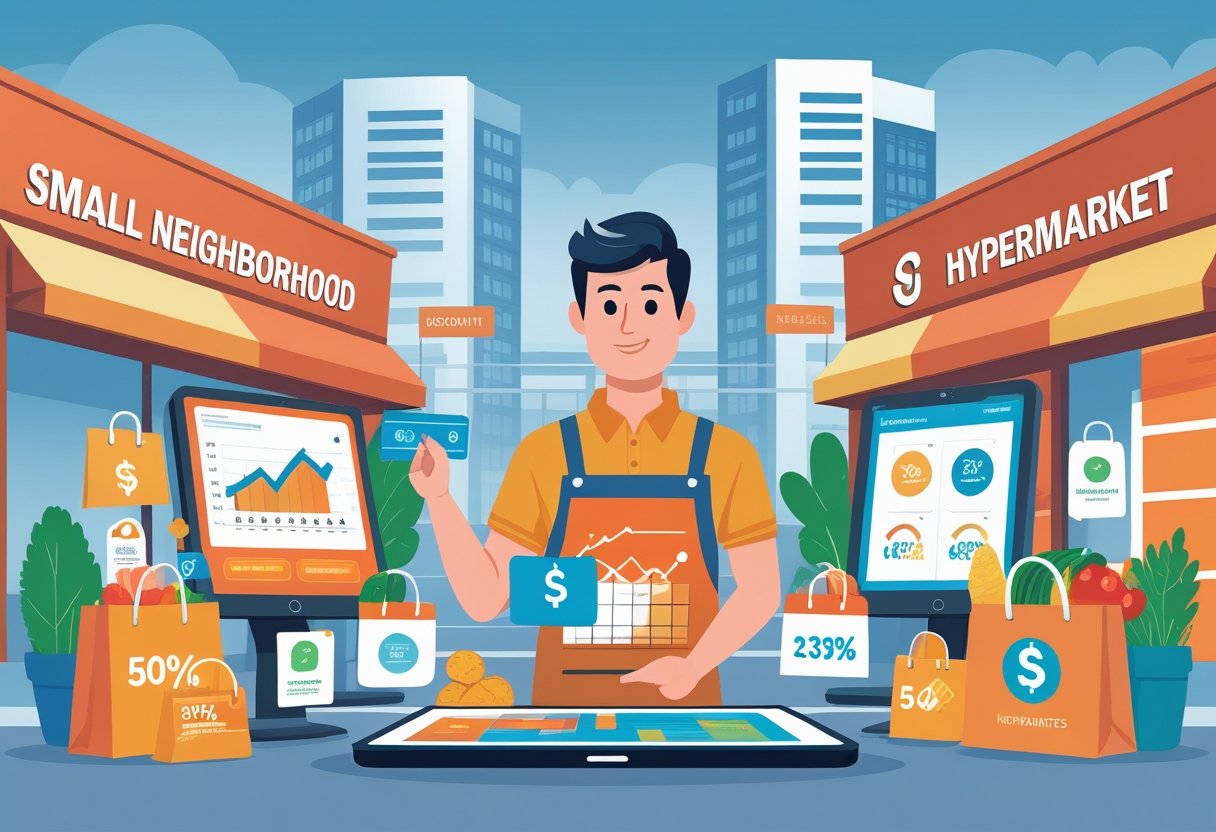 Dono de mercado analisando estratégias em tablet, com grandes hipermercados ao fundo simbolizando competição, e diversos exemplos de promoções em mercados.