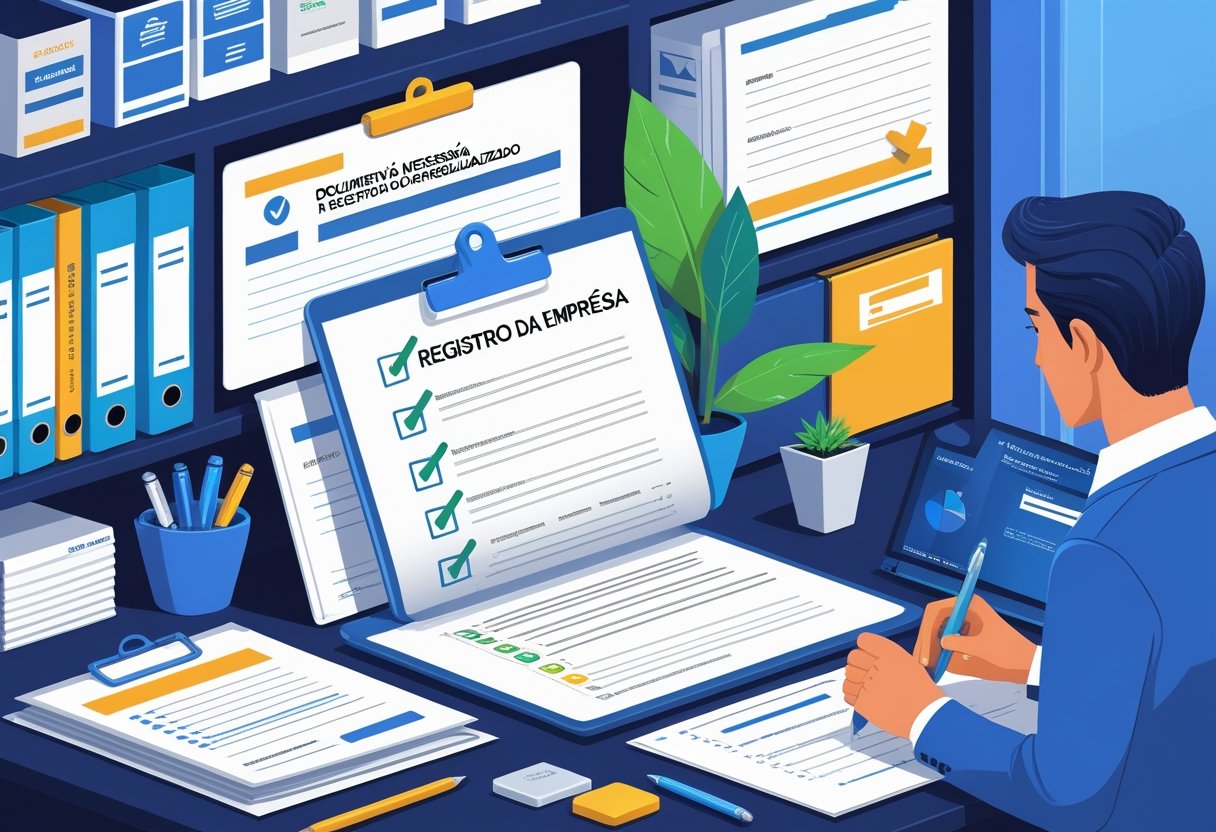 Pessoa em escritório revisando documentos e checklist para abrir um mercado regularizado, com mesa organizada e laptop aberto.