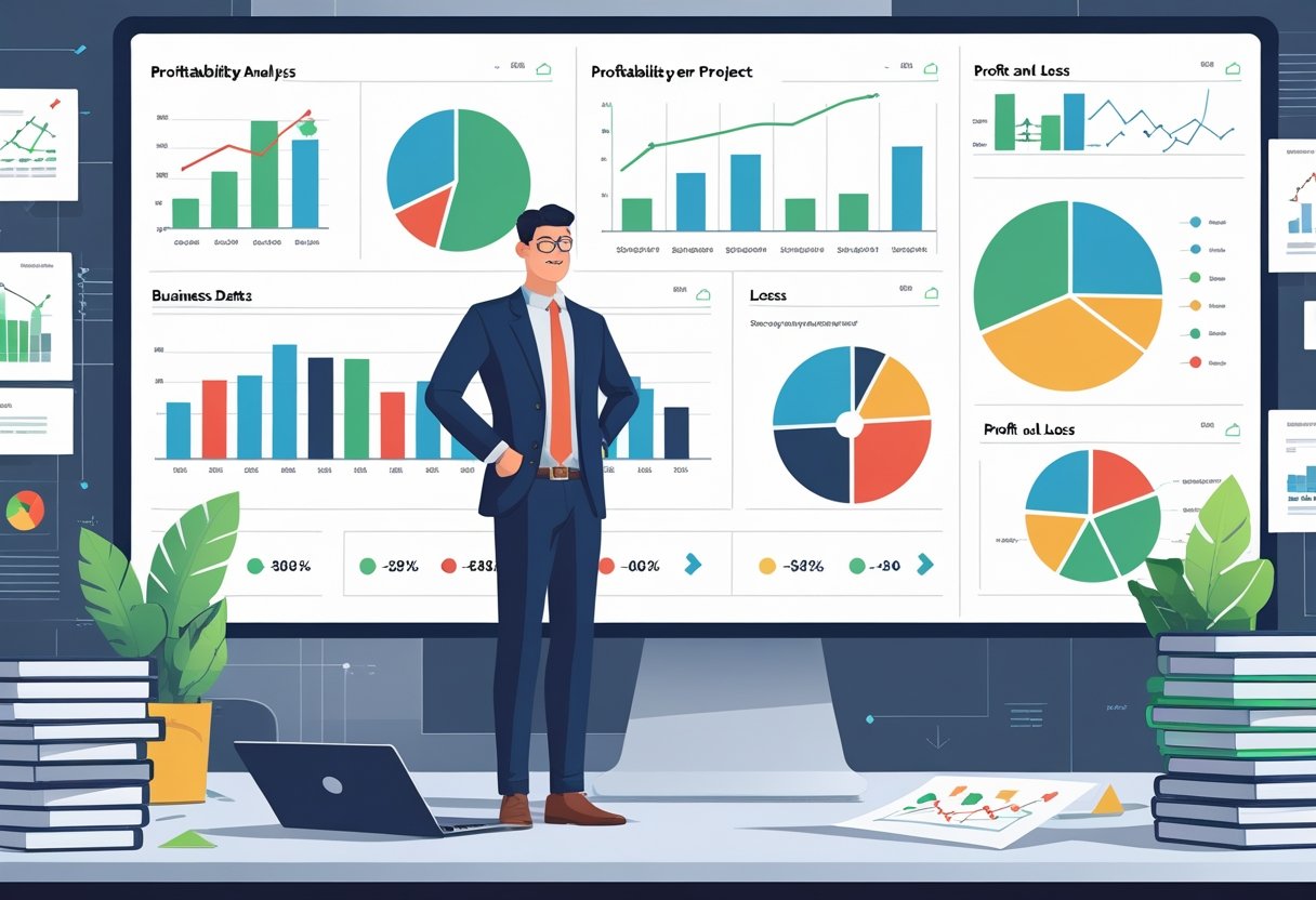 Pessoa em um escritório analisando gráficos financeiros em um painel digital, avaliando a rentabilidade de um projeto.