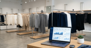 Loja de roupas ao fundo com notebook em destaque com tela aberta no ERP